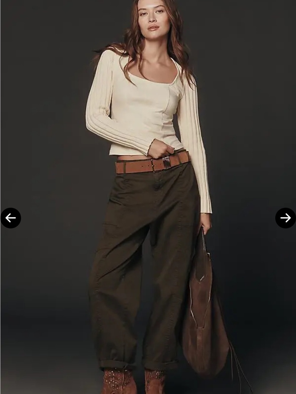 Pilcro Cream Square Neck Long Sleeve Ribbed Top